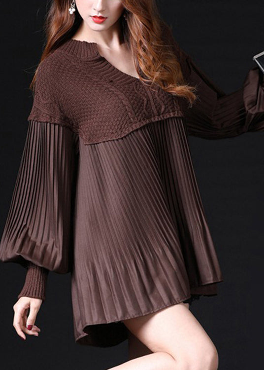 Simple Chocolate Ruffled Knit Knitted Tops Lantern Sleeve