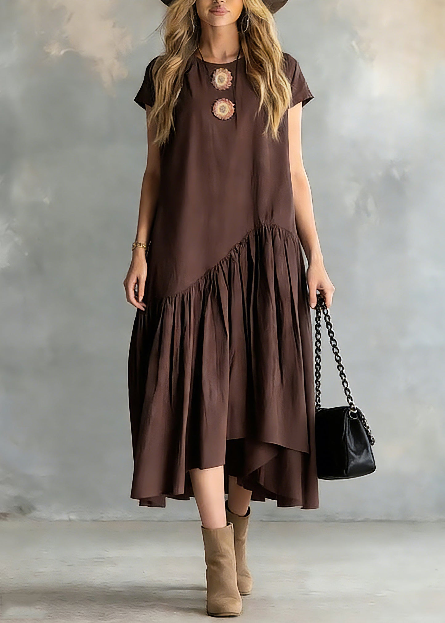 Coffee O-neck Wrinkled Patchwork Long Dresses Short Sleeve