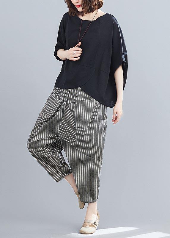 Summer Black Linen Bat Short Sleeve Top + Stripe Nine Point Harlem Pants