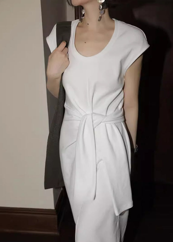 White U Neck Tie Waist Cotton Dress Summer