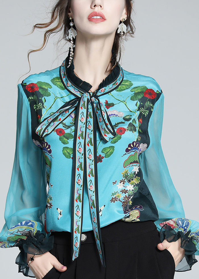Indigo Stand Collar Print Tie Waist Silk Shirt Long Sleeve