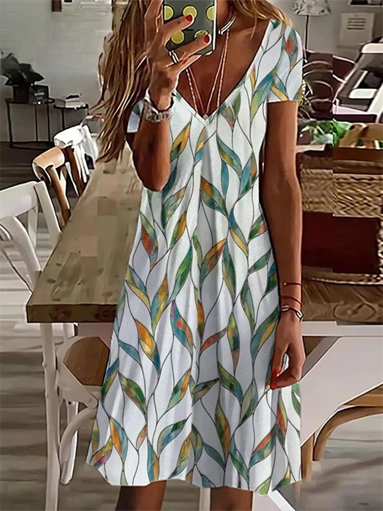 KS | Women's Sundress Midi Dress Short Sleeve Floral Print Summer Casual V Neck Loose Dresses Plus Size 2024 Women's Clothing Vestidos