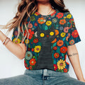 Vintage Flower Cat Print Round Neck Short Sleeve T-Shirt elevenforest