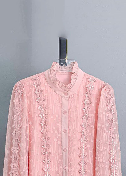 Pink Ruffled Button Lace Shirt Long Sleeve