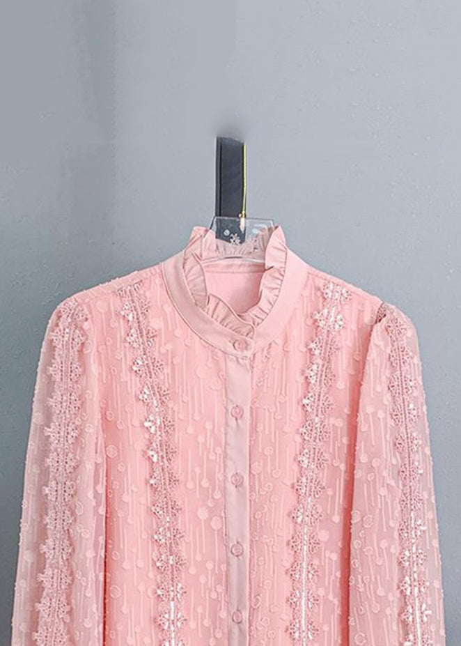 Pink Ruffled Button Lace Shirt Long Sleeve