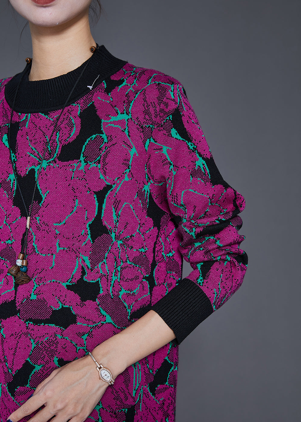 Purple Print Complimentary Scarf Long Knit Dress Fall