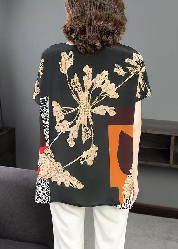 Black Print Side Open Patchwork Silk T Shirt Summer