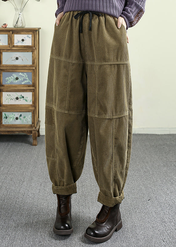 Green Pockets Elastic Waist Corduroy Warm Fleece Pants Spring