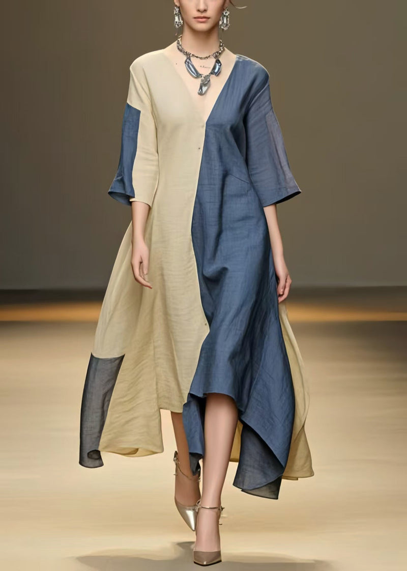Colorblock Asymmetrical Patchwork Cotton a Line Dress Summer