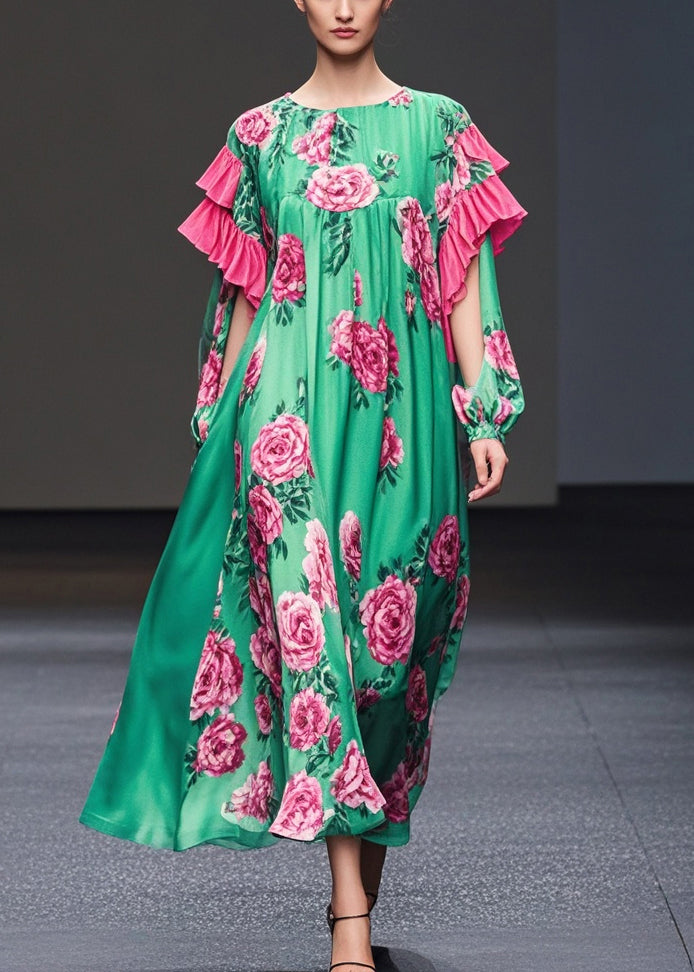 Green Print Ruffles Silk Velour Dresses Fall