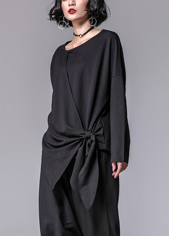 Vogue Black O-neck Asymmetrical Bow T Shirt Long Sleeve