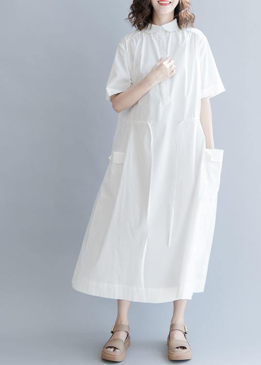 100% White Cotton Tunic Drawstring Long Summer Dress