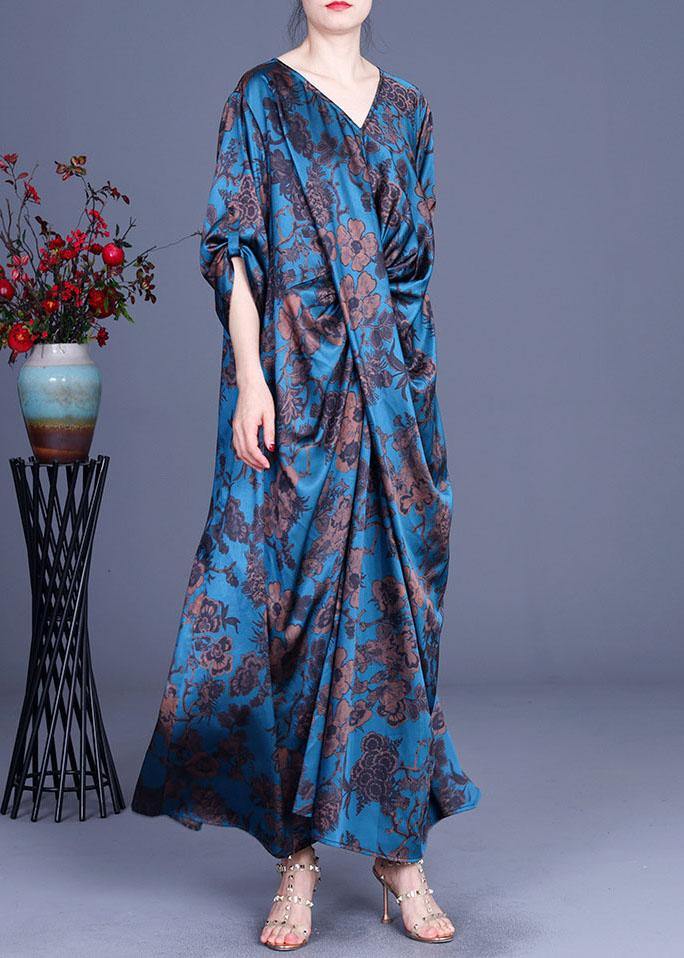 Blue Vogue Print Summer Silk Robe Dresses Half Sleeve