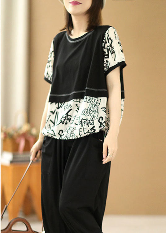 Classy Black White Patchwork O-neck Letter Print Fake Two Piece Top Summer
