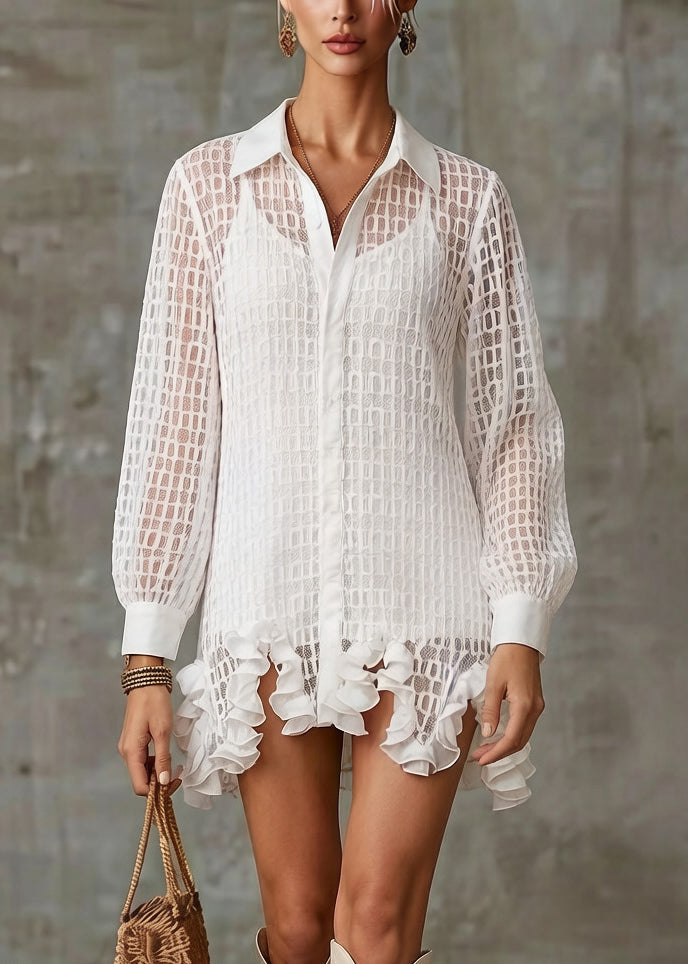 Stylish White Ruffled Hollow Out Tulle Shirt Dress Spring