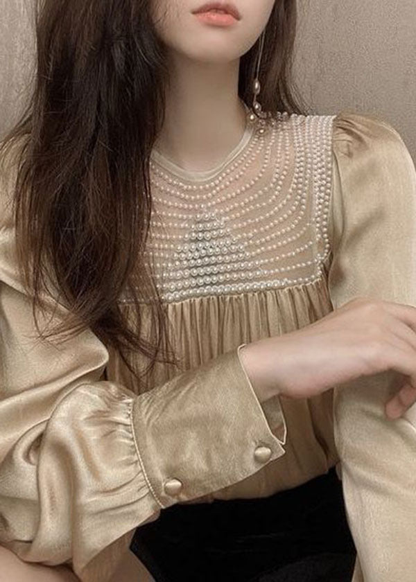 Handmade White O-neck Wrinkled Nail Bead Patchwork Shirt Tops Long Sleeve