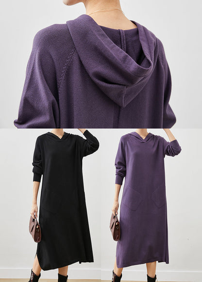 Dull Purple Hooded Side Open Knit Dress Spring