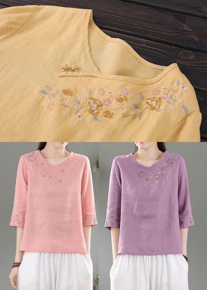 Style Yellow O-neck Embroideried Linen Top Three Quarter Sleeve