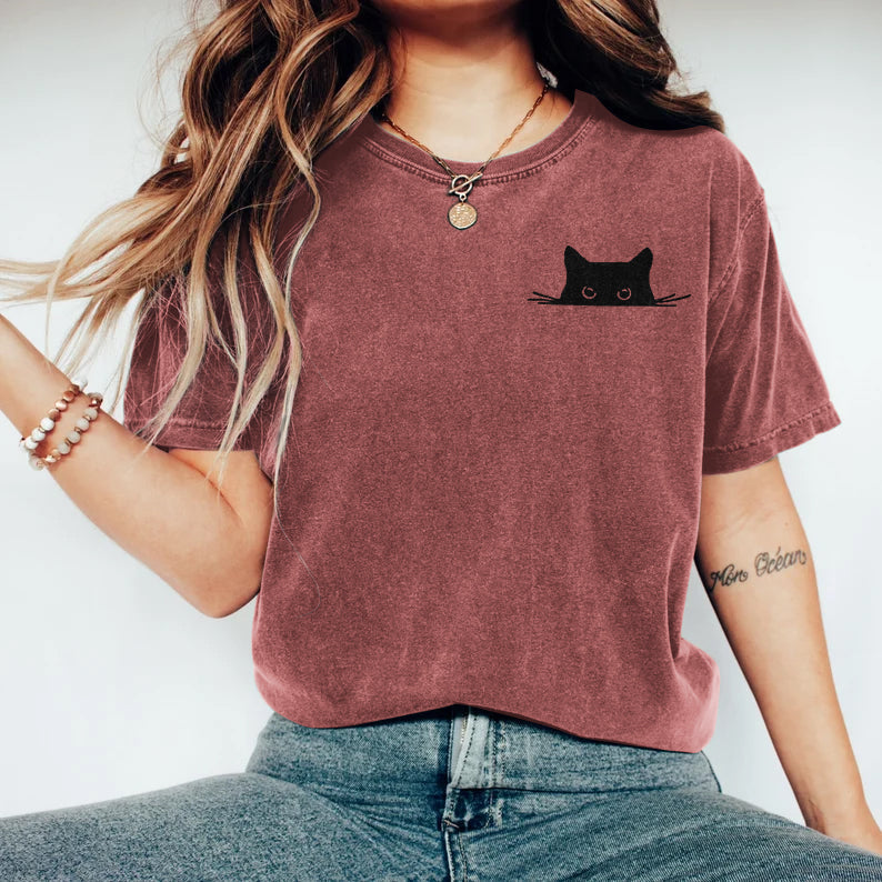 Comstylish Abstract Creative Embroidered Black Cat Art Print T-shirt