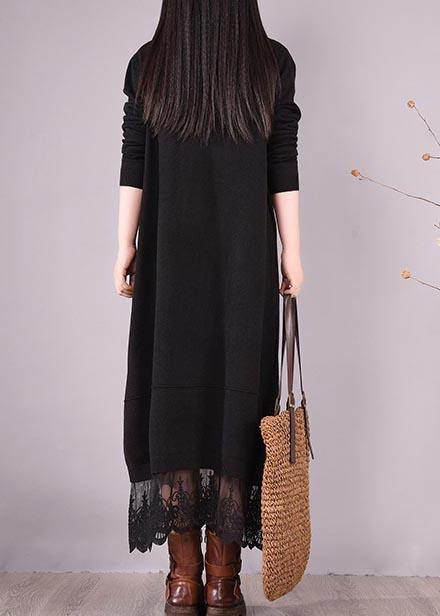 Handmade Black Clothes O Neck Patchwork Lace Kaftan Spring Dresses