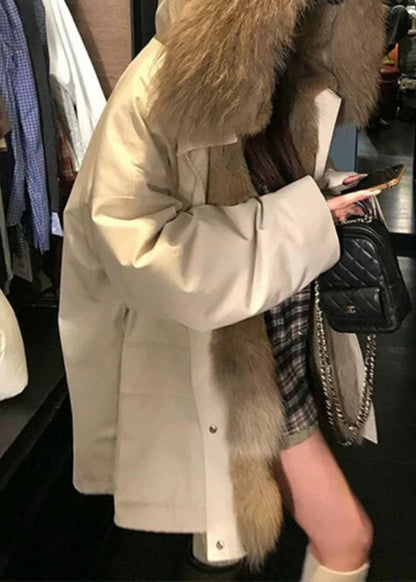 Apricot Pockets Patchwork Detachable Hoosed Jacket Winter