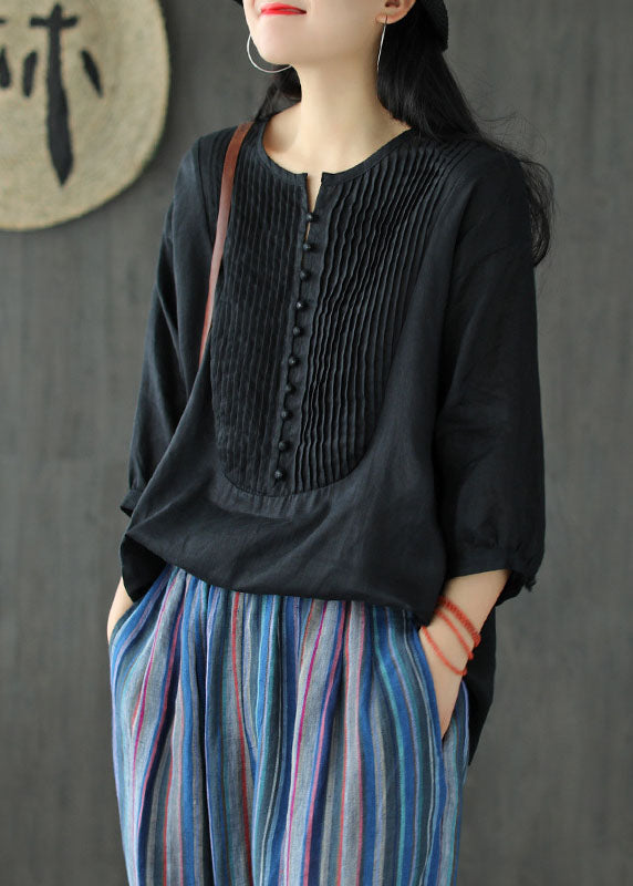 Black Oversized Linen Tank O-neck Wrinkled Oriental Button Short Sleeve