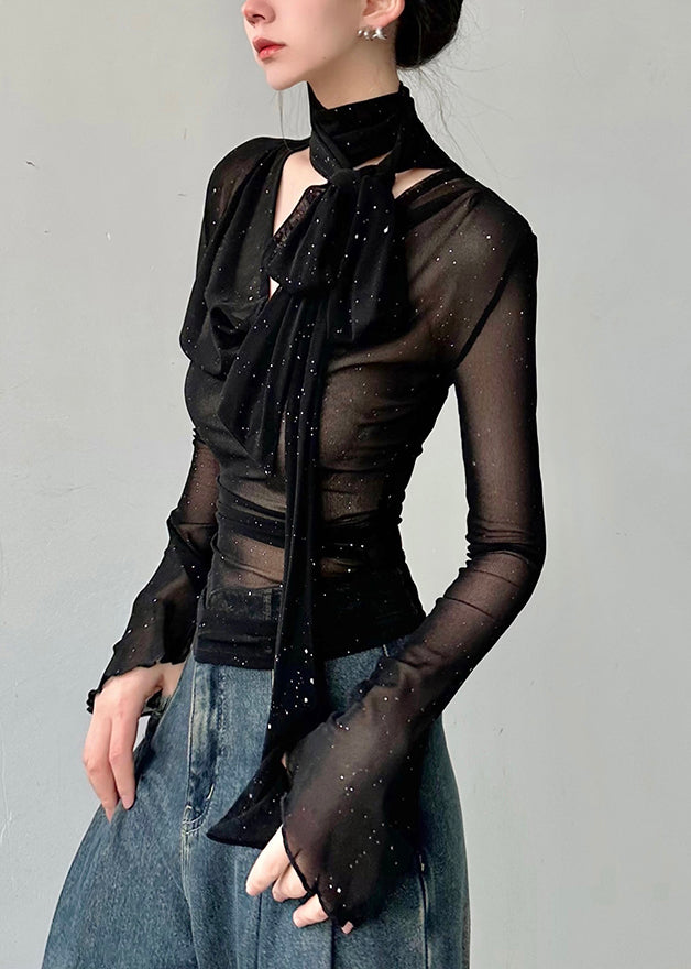 Slim Fit Black V Neck Tulle T Shirts Fall