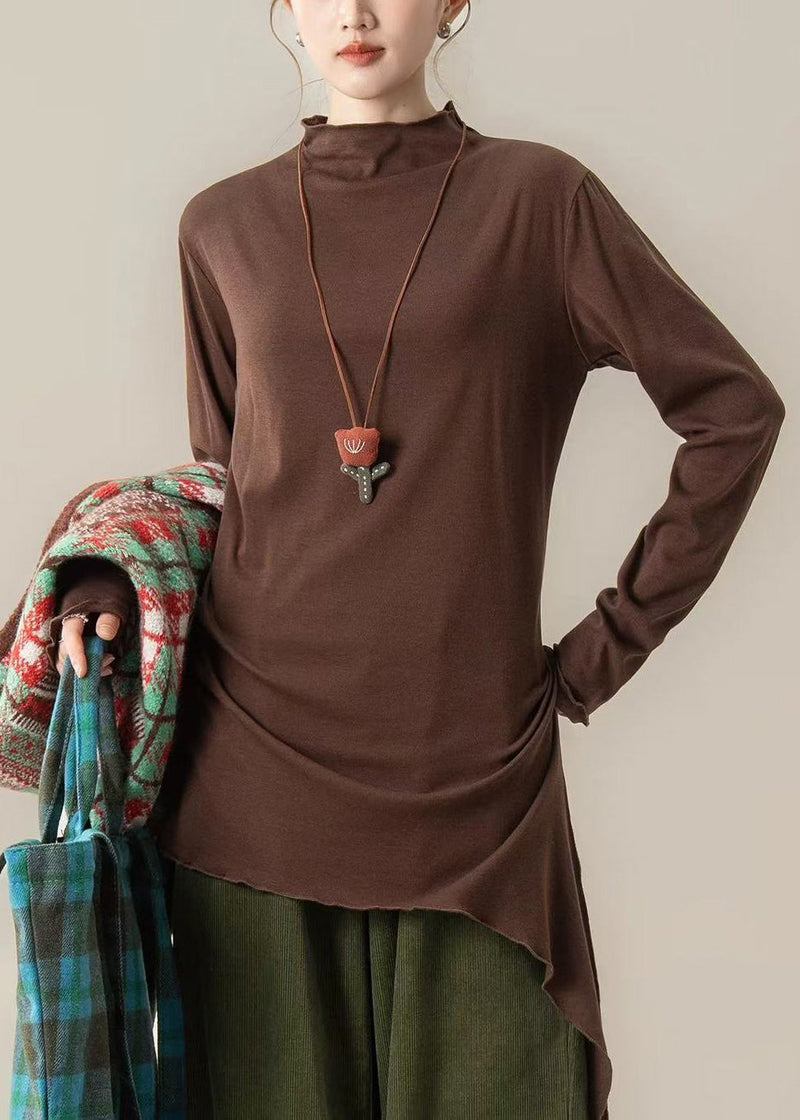 Brown Stand Collar Asymmetrical Cotton Blouses Spring