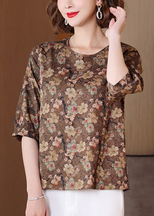 Loose Coffee O Neck Print Wear on Both Sides Silk Shirts Summer
