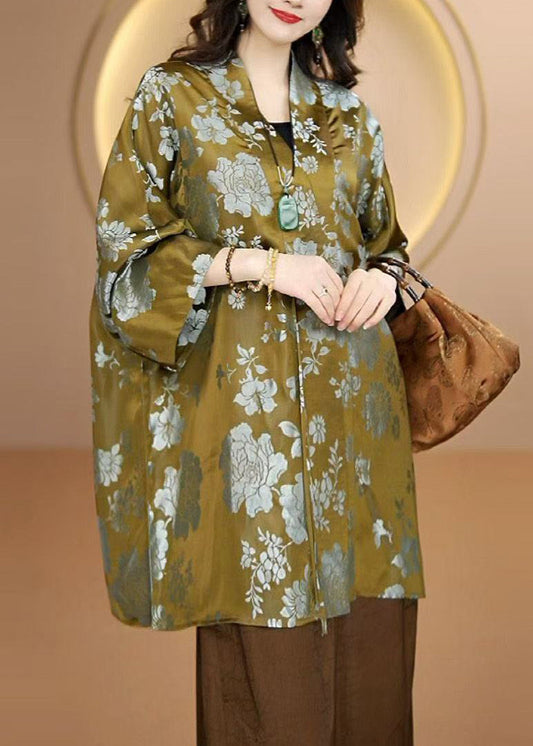 Green V Neck Button Print Silk Shirts Top Fall
