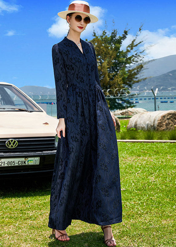 Navy V Neck Jacquard Wrinkled Silk a Line Dress Fall
