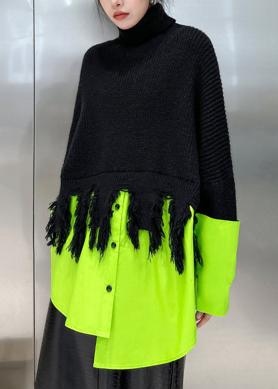 Black Turtleneck Asymmetrical Patchwork Knit Sweater Spring