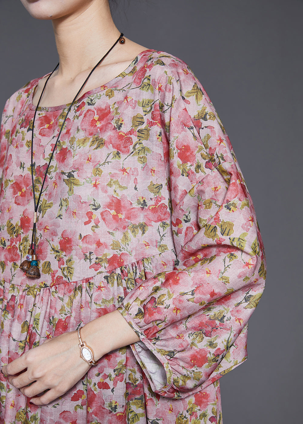 Red Oversized Print Linen Dresses Spring