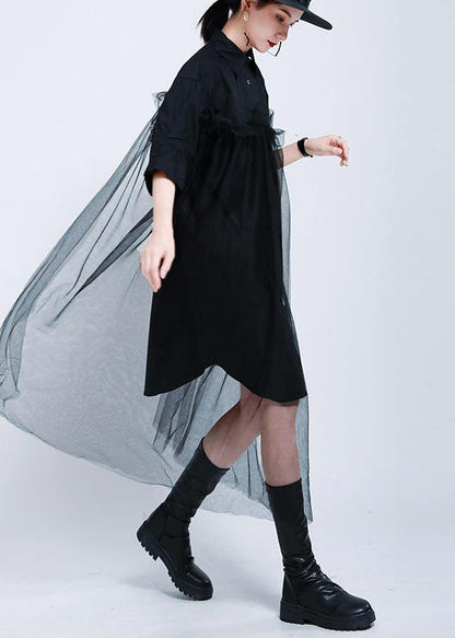 Loose Black Patchwork Lace Shirts Summer Cotton Dress