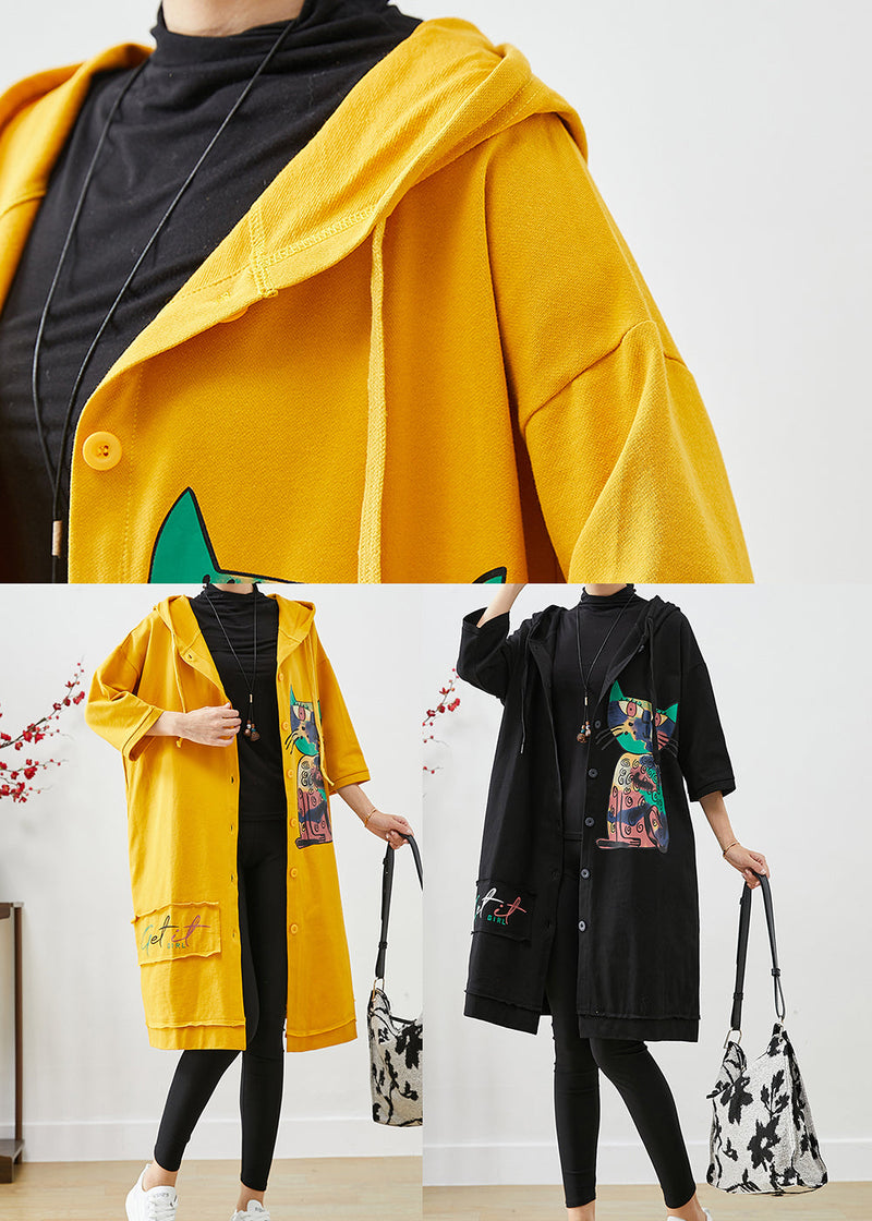 Yellow Hooded Cat Print Cotton Coat Outwear Fall