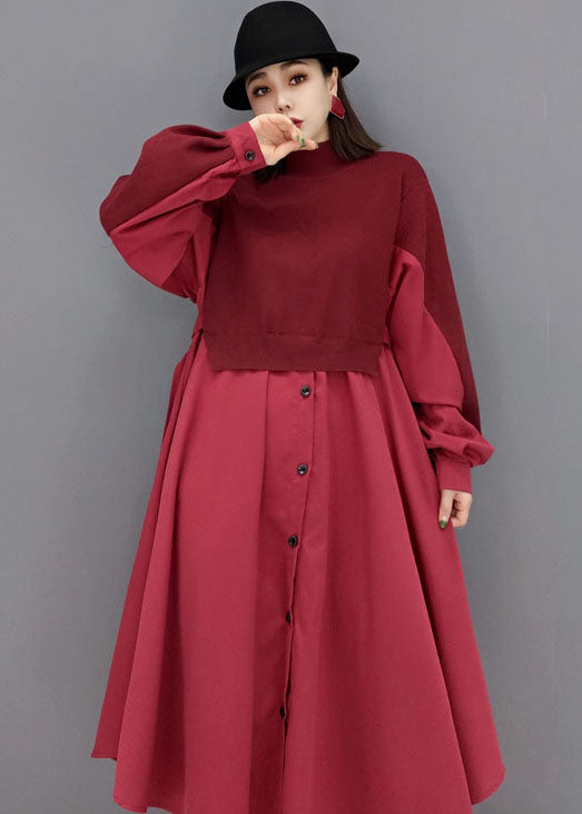 Red Patchwork Knit Cotton Long Dresses Color Button Long Sleeve
