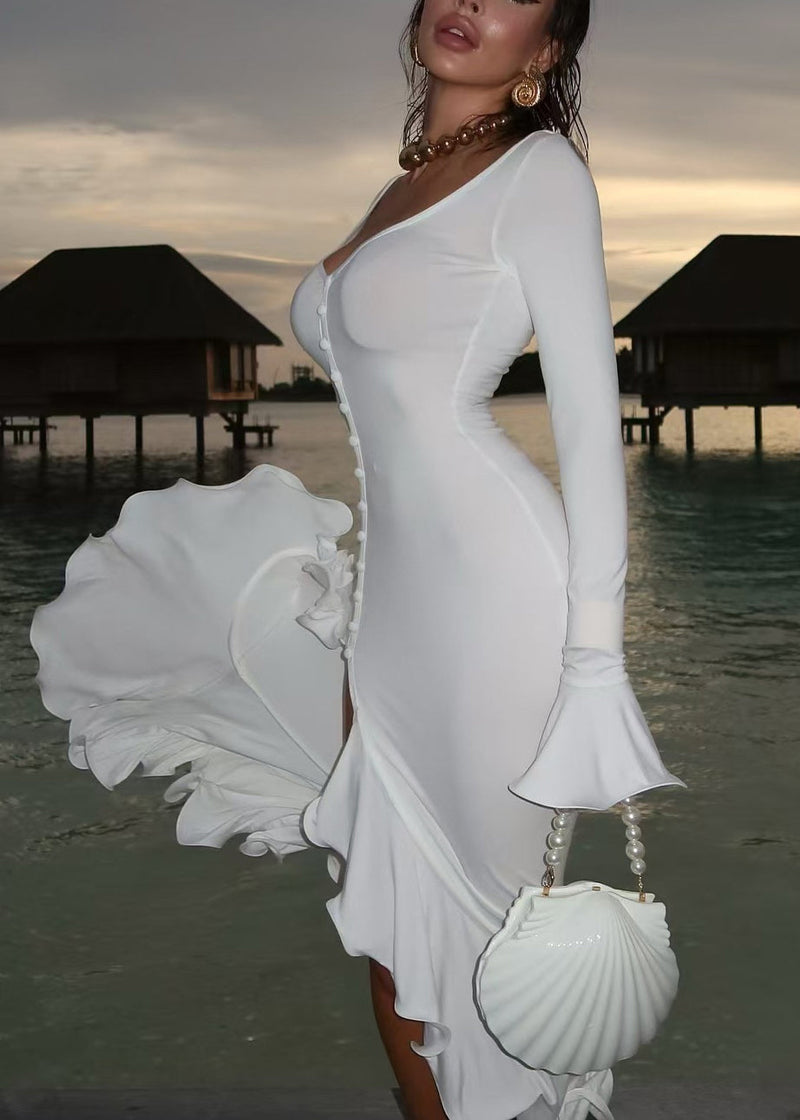 Stylish White Ruffled Patchwork Cotton Long Dress Flare Sleeve Spring