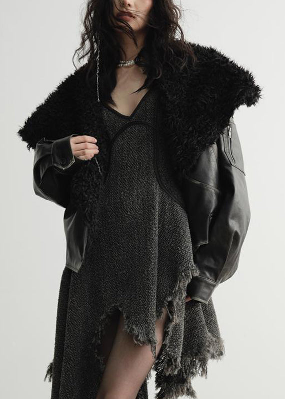 Black Fur Collar Pockets Faux Leather Coats Spring