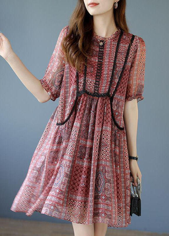 Red Patchwork Lace Chiffon a Line Dresses O-neck Summer