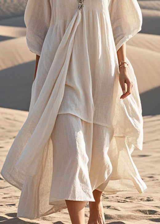 White Cotton Maxi Dresses Asymmetrical Bracelet Sleeve Summer