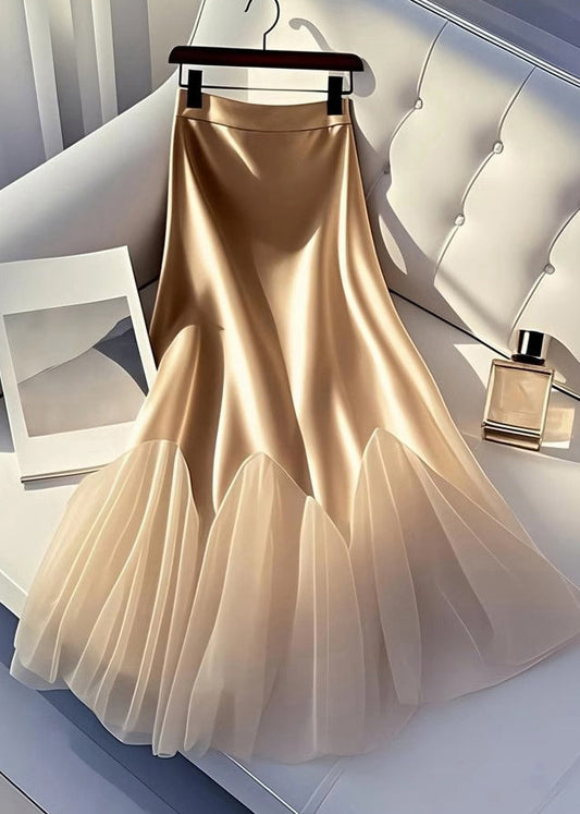 Italian Champagne Tulle Patchwork Silk a Line Skirt Summer