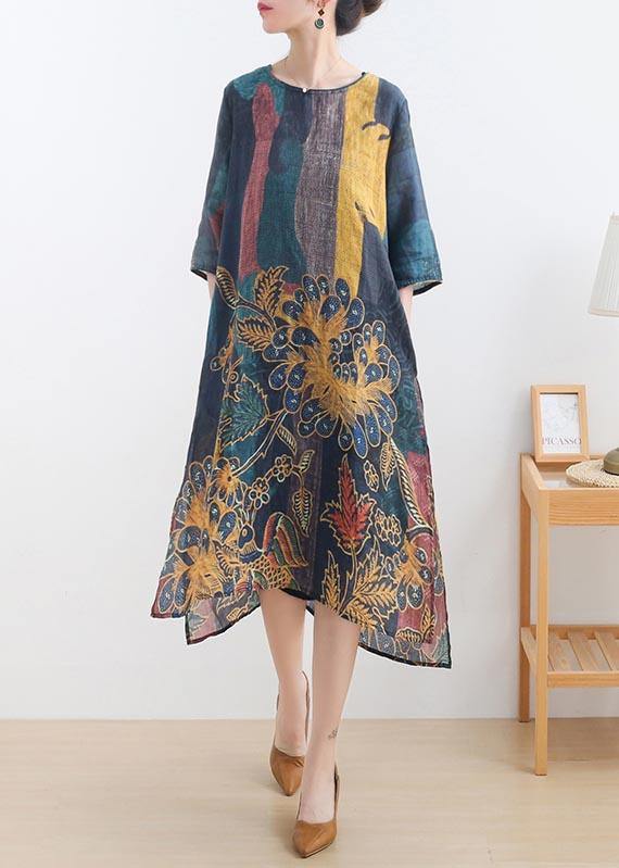 Yellow Green Print Linen O-neck Summer Maxi Dresses