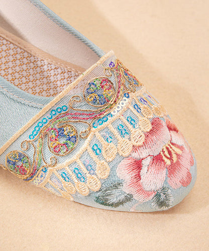 Light Blue Satin Embroideried Shoes Splicing Wedge Pointed Toe