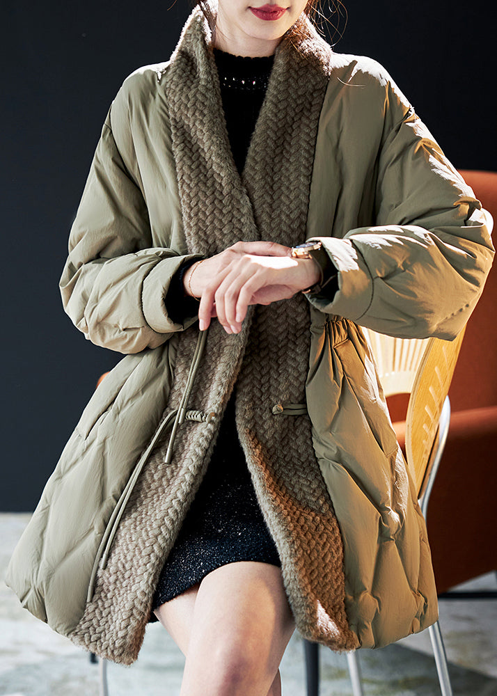 Green Chinese Button Patchwork Duck Down Puffers Jackets Winter