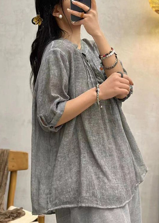 Grey Button Cotton Shirts Stand Collar Half Sleeve