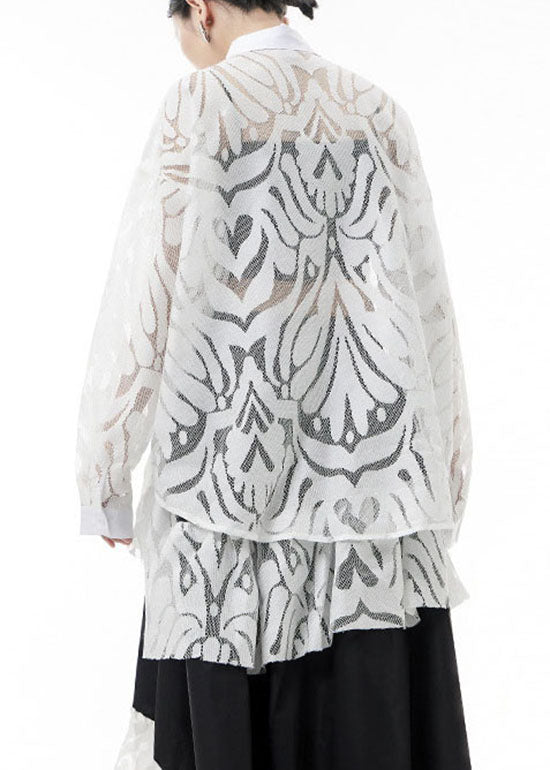 White Lace Shirts Hollow Out Asymmetrical Design Spring