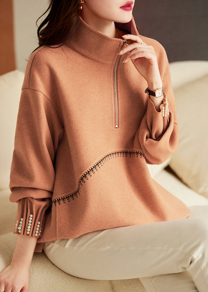 Brown Oversized Nail Bead Cotton Loose Sweatshirts Top Spring