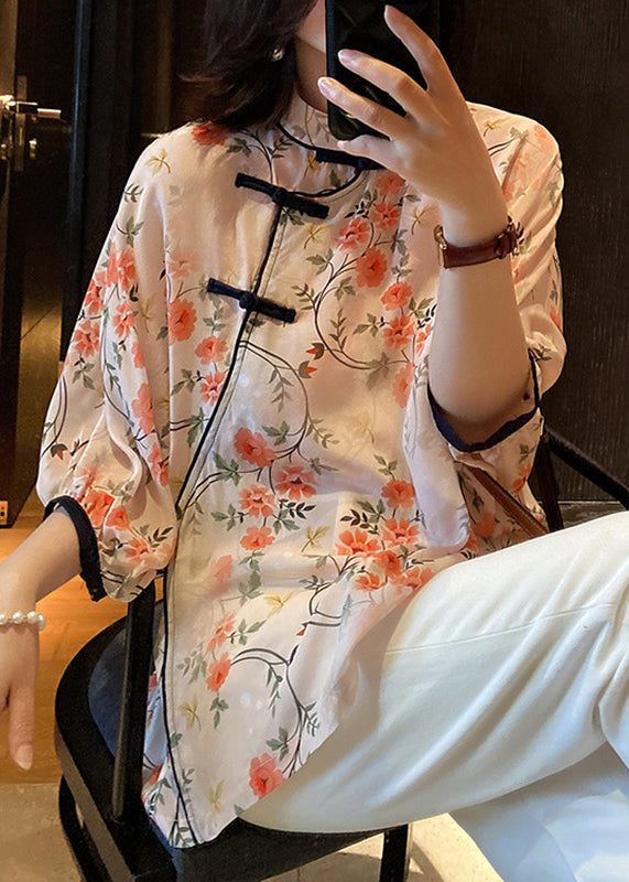 Pink Print Button Side Open Chiffon Shirt Bracelet Sleeve