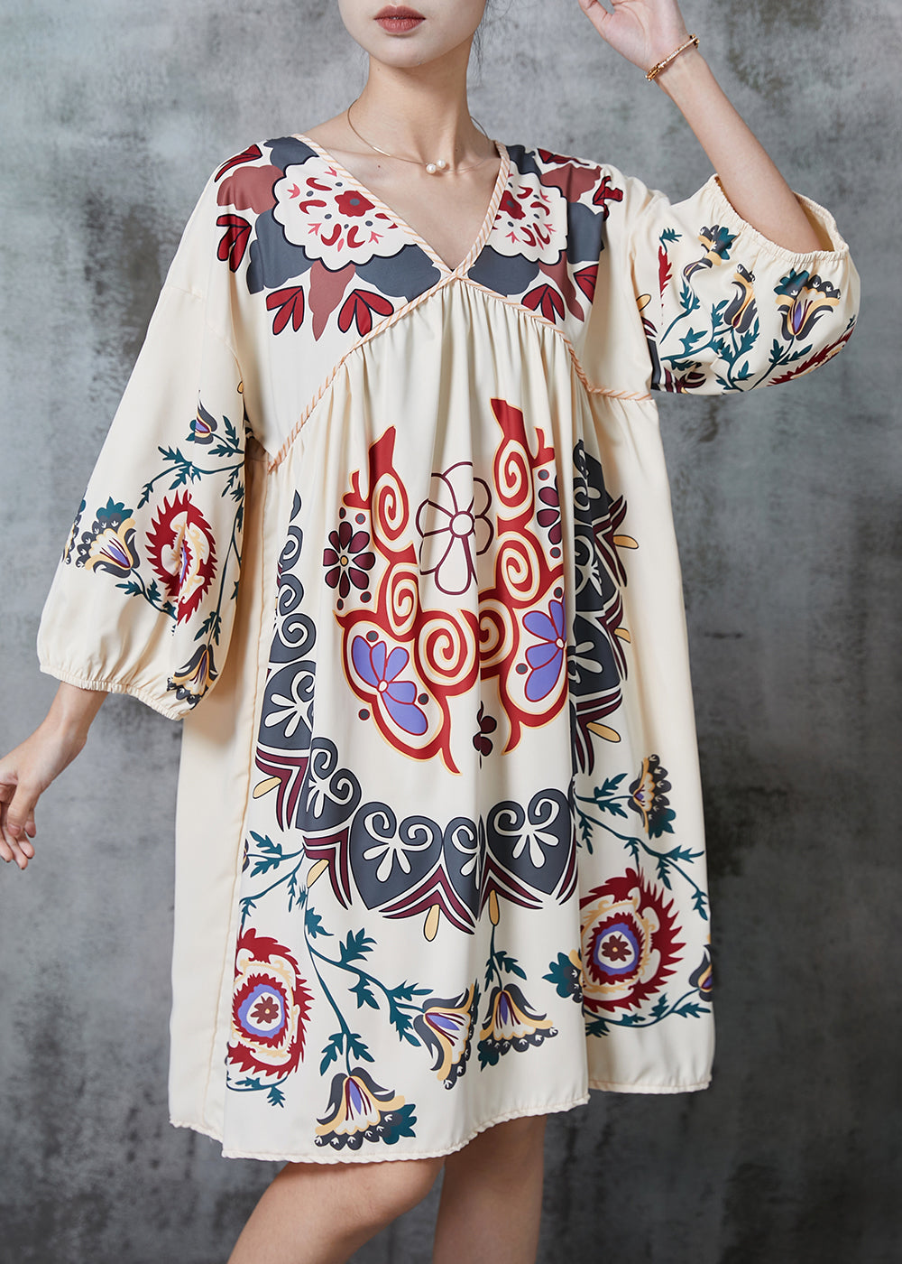 Khaki Oversized Print Cotton Vacation Dress Summer