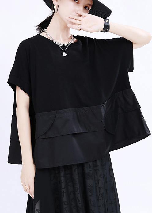 Black O-neck Patchwork Cotton Tops Summer